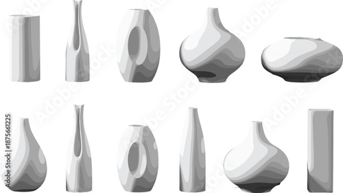 Minimalist abstract ceramic vases collection in grayscale, modern decorative pottery shapes isolated on white background