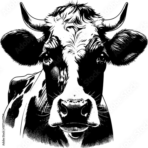Monochrome Cow Portrait: A detailed monochrome depiction of a cow's head, showcasing its distinctive features in striking black and white contrast.