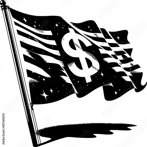 Money Flag: A monochrome illustration of a flag featuring a dollar sign, waving in the wind, symbolizing financial strength and global influence.
