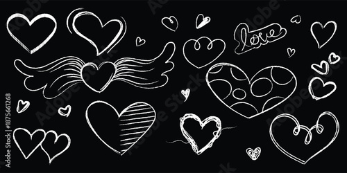 White heart doodle sketch set on black background, Romantic chalk hearts illustration collection, Hand drawn love heart outline doodle pack vector.