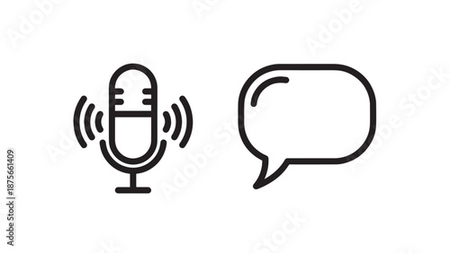 Vintage microphone icon with sound waves and a speech bubble icon, representing podcasting, broadcasting, and communication.