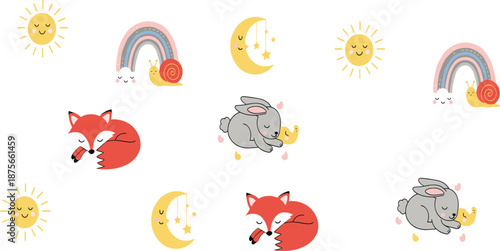 Cute Nursery Animal and Nature Pattern Vector with Sleeping Fox, Bunny, Sun, Moon, Rainbow, and Snail in Soft Pastel Style