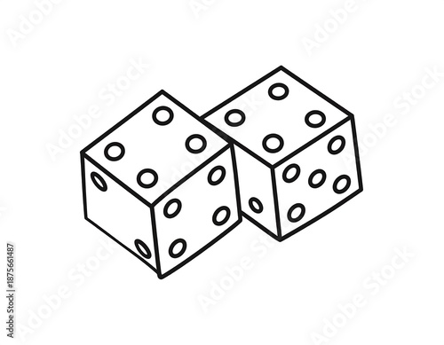 Two dice are shown in an isometric view, one slightly overlapping the other. Each die displays its pips for rolling