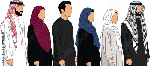 Middle Eastern people in traditional and modern clothing standing in profile, diverse men and women vector illustration