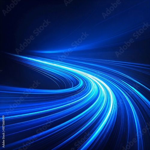 A vibrant blue light streaks dynamically across a pitch-black background, creating a striking contrast that evokes a sense of movement and energy.