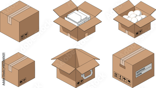 Isometric cardboard box packaging set with open, closed and filled shipping boxes for delivery and logistics