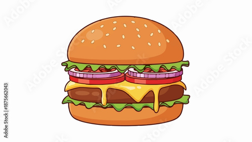 Delicious cartoon hamburger with lettuce, tomato, onion, cheese, and patty