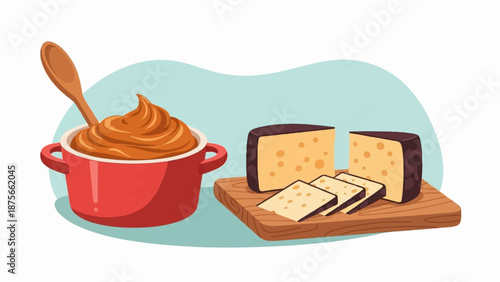 Delicious dessert and cheese spread served on a light blue background
