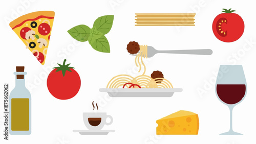 Delicious Italian food assortment pizza, spaghetti, cheese, wine, coffee, and ingredients