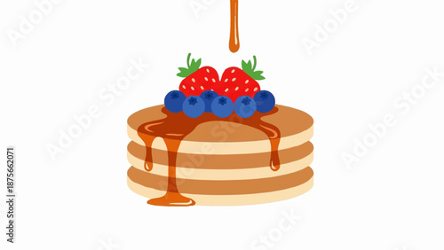 Delicious stack of pancakes drizzled with syrup and topped with berries
