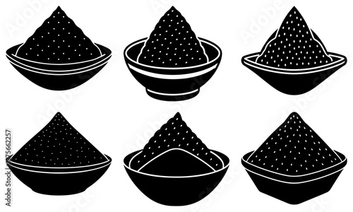 Five Bowls with Pyramid Shaped Food on White Background black and white food minimalist simple shapes