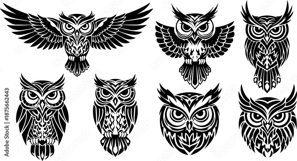 Fototapeta premium Owl Tattoo Design Collection Set