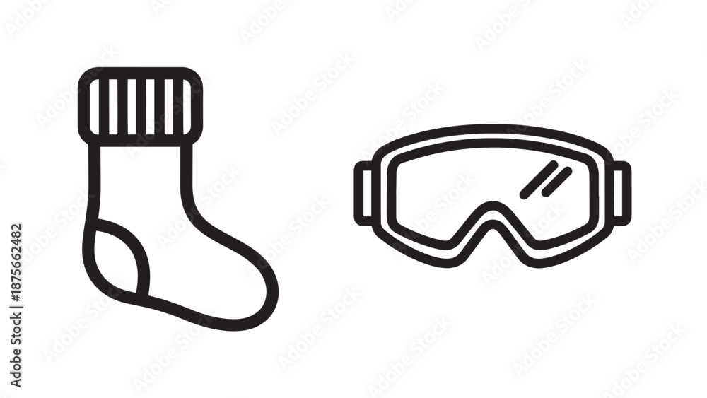 Obraz premium Simple line art icons featuring a warm winter sock with ribbed top and protective ski or snowboard goggles.