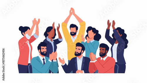 Diverse group of people in business attire celebrating together, clapping and raising hands