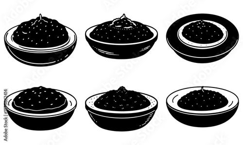 Six Bowls of Black Food on White Background silhouette transparent background