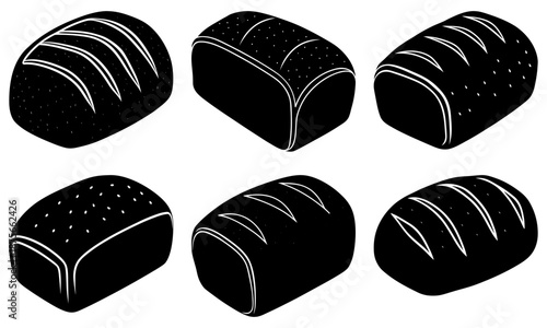 Six Black Bread Loaves with Crispy Crust and Dotted Texture on White Background loaf