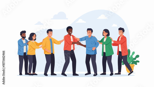 Diverse group of people, linked arms, smiling, standing together