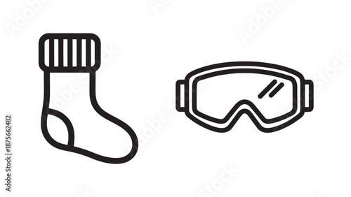 Simple line art icons featuring a warm winter sock with ribbed top and protective ski or snowboard goggles.