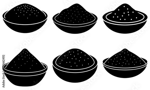 Six Black Bowls with Dotted Food on White Background dots