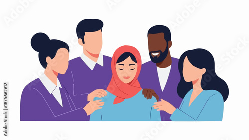 Diverse group offering support and comfort to a woman in a headscarf