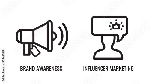 Marketing icons: a megaphone broadcasting sound waves for brand awareness and a silhouette speaking with a crown for influencer marketing.