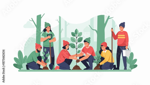 Diverse group planting trees in a forest, contributing to nature