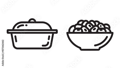 Icons depicting a lidded pot or casserole dish and a bowl filled with round food items like meatballs or dumplings.