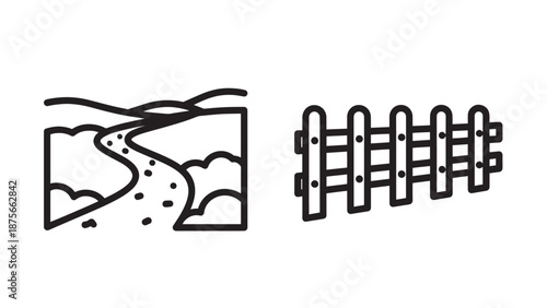 Vector graphics of a winding path through rolling hills and a simple wooden picket fence.