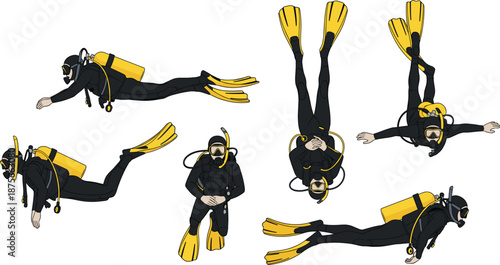Scuba diver swimming positions vector set, underwater diver with fins, mask and oxygen tank illustrations