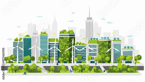 Eco-friendly city skyline with green buildings, wind turbines, and solar panels