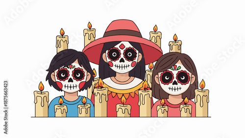 Festive sugar skull painted faces on three individuals surrounded by lit candles