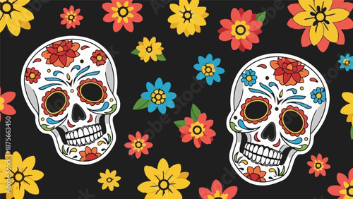 Festive sugar skulls and colorful flowers on a dark background