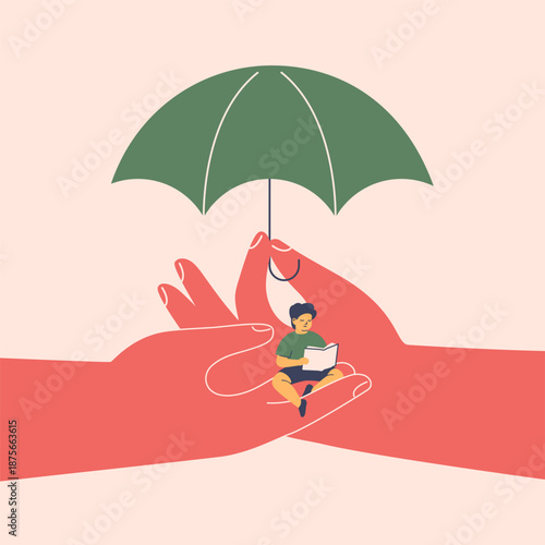Adult hands holds small boy and protect him by umbrella. Care and support about children's rights  in school and society. Vector illustration