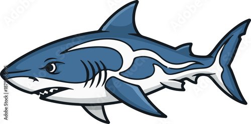 Fierce blue shark with sharp teeth and white patterns swims