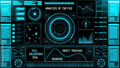 Futuristic interface with data analysis and file validation screens
