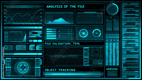 Futuristic computer interface with data analysis and object tracking screens