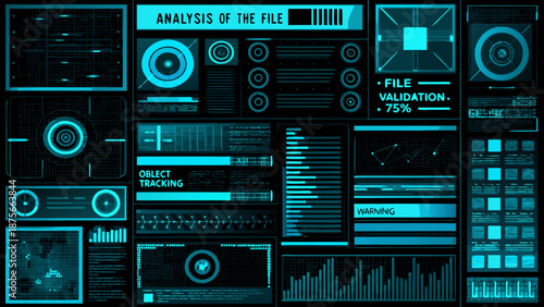 Futuristic interface with data analysis and validation screens