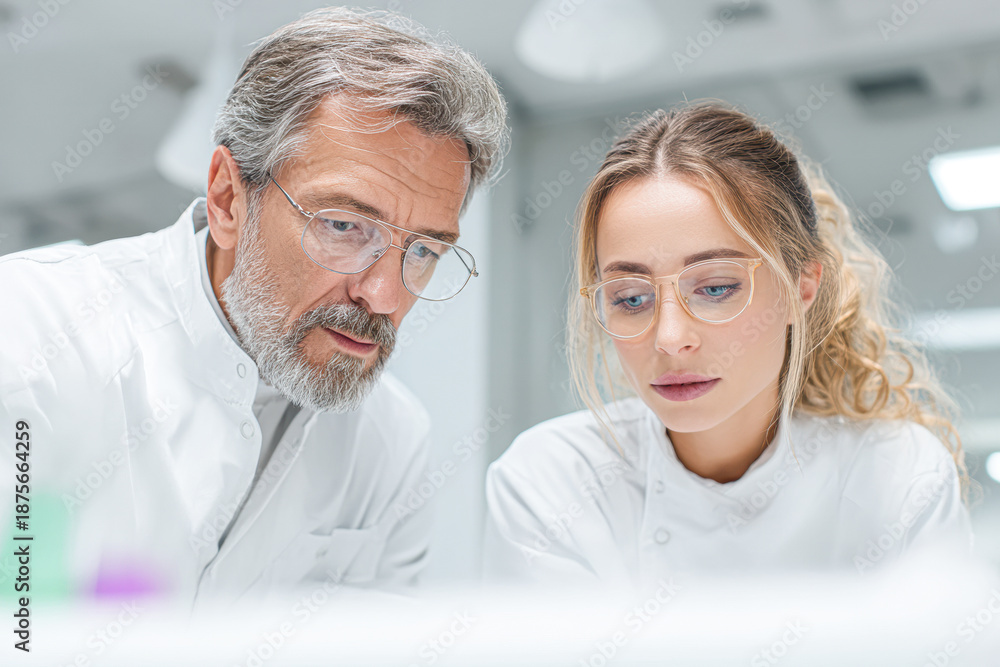 Fototapeta premium A focused discussion between two scientists in lab coats, analyzing data or samples in a modern laboratory setting.