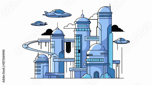 Futuristic city with sleek blue buildings, elevated pathways, flying vehicles, and clouds