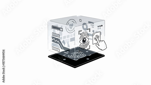 Futuristic cube displaying biometric scans and data