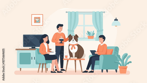 Flat illustration of three people and a dog in a cozy living room