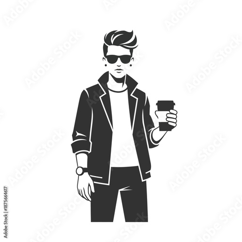 Man Drinking Coffee Wearing Sunglasses Casual Outfit.