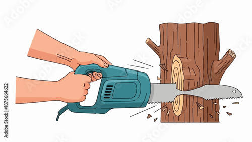 Hands operating a reciprocating saw to cut into a wooden tree stump, creating sawdust