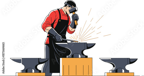 Blacksmith forging hot metal on anvil with hammer and sparks, traditional metalworking craft, skilled labor, industrial art, flat vector illustration