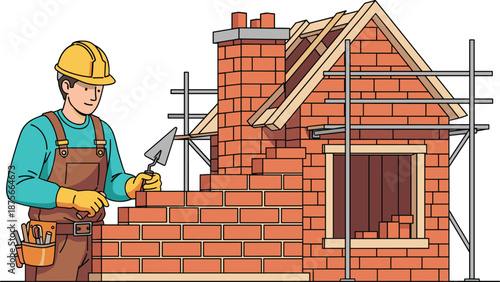 Bricklayer building house wall with bricks and scaffolding, construction worker masonry job, residential building process, flat vector illustration design