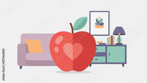 Flat vector art of a cozy interior scene with a large apple in the foreground