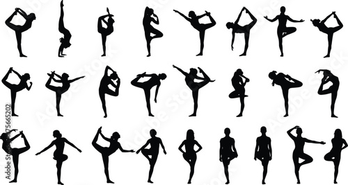 Yoga pose silhouettes set, female balance postures, flexibility training collection, meditation fitness exercises, black white vector illustration
