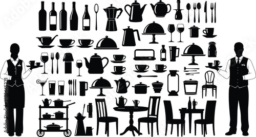 Restaurant kitchen silhouettes set, waiter waitress service icons, tableware cookware collection, dining hospitality equipment, black white vector