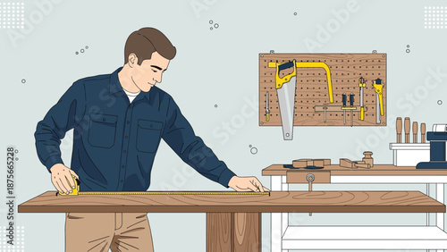 Carpenter measuring wooden plank in workshop, woodworking tools and furniture making process, skilled craftsman job, flat vector illustration design