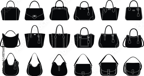 Women handbag silhouettes set, fashion purse bag icons collection, luxury tote shoulder bags, black white vector illustration